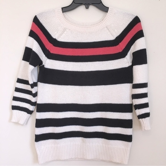 Loft White Black Striped Crew Neck 3/4 long Sleeve Sweater - Picture 1 of 16